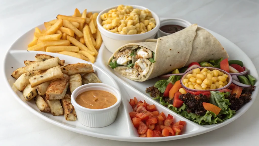 A selection of dipping sauces including ranch, aioli, and guacamole paired with chicken wrap