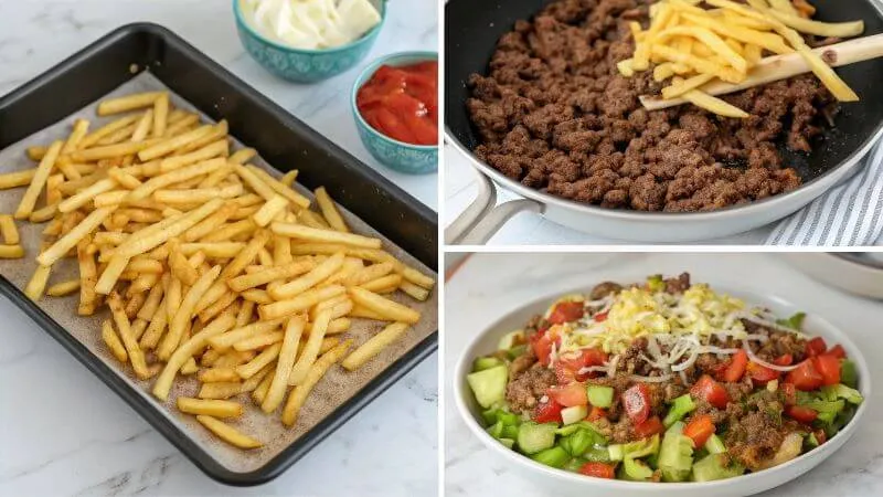 Step-by-step assembly of loaded taco salad fries, from fries to toppings