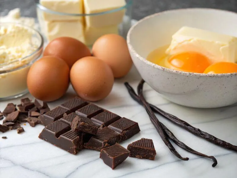 Premium baking ingredients like eggs, butter, and chocolate chunks