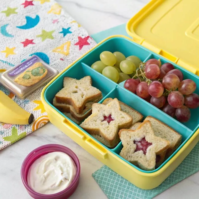 Colorful kids’ lunchbox with banana bread shapes, grapes, and a cream cheese dip