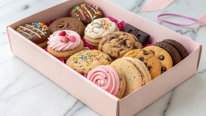 A pink Crumbl box filled with a variety of colorful and creative cookies