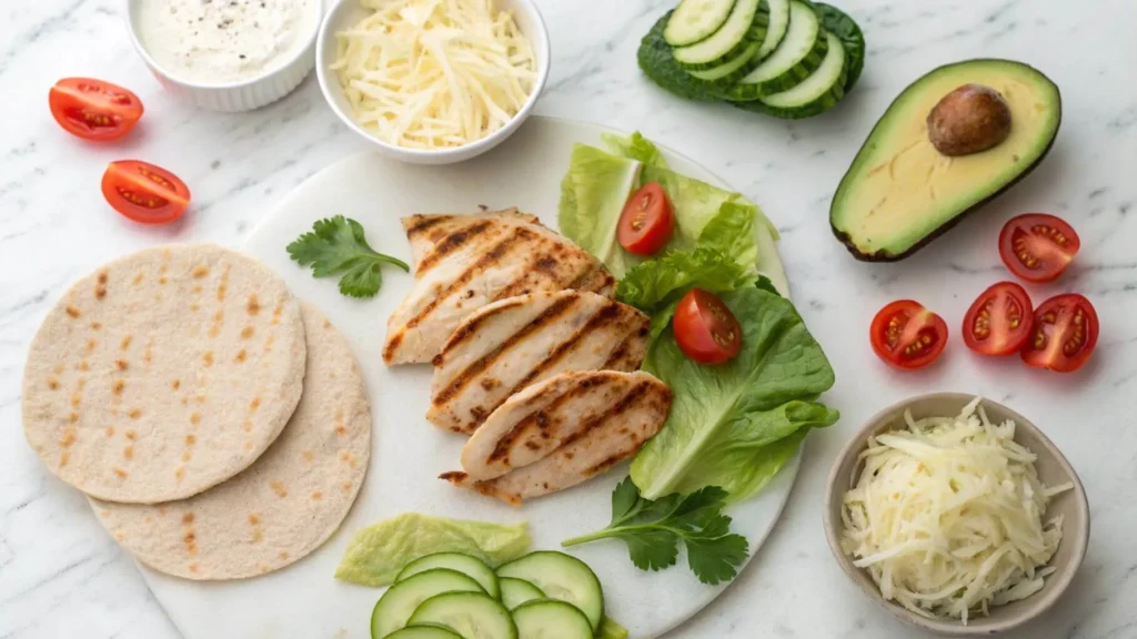 A flat lay of fresh ingredients for a chicken wrap