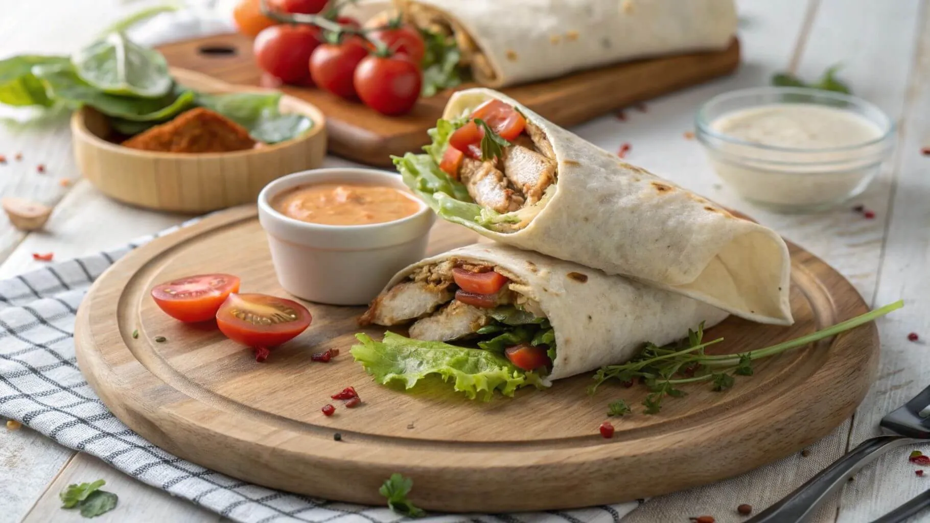 A beautifully plated chicken wrap on a wooden serving board, garnished with fresh lettuce, tomatoes, and a side of dipping sauce. The setting is rustic with soft, natural lighting