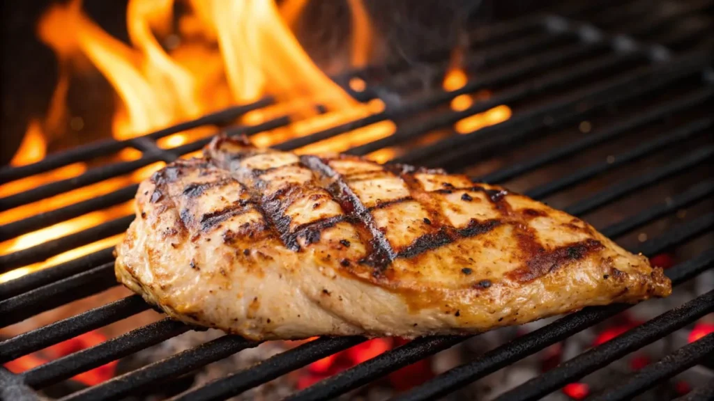 Charred chicken grilling directly on grates with visible sear marks and flames