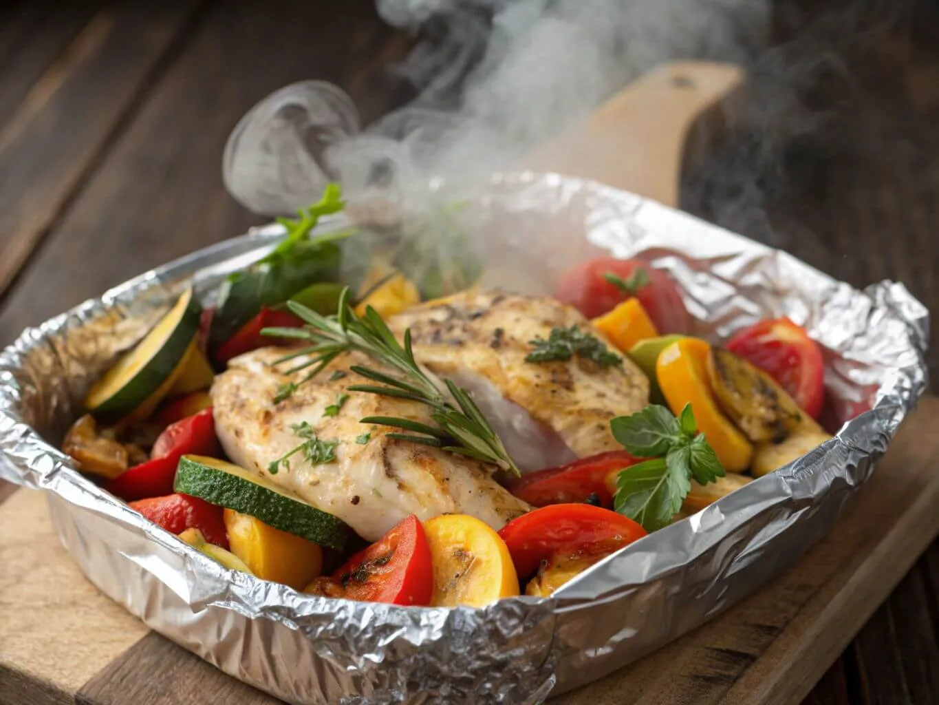 Foil packet opened to reveal steamed chicken with vegetables and herbs