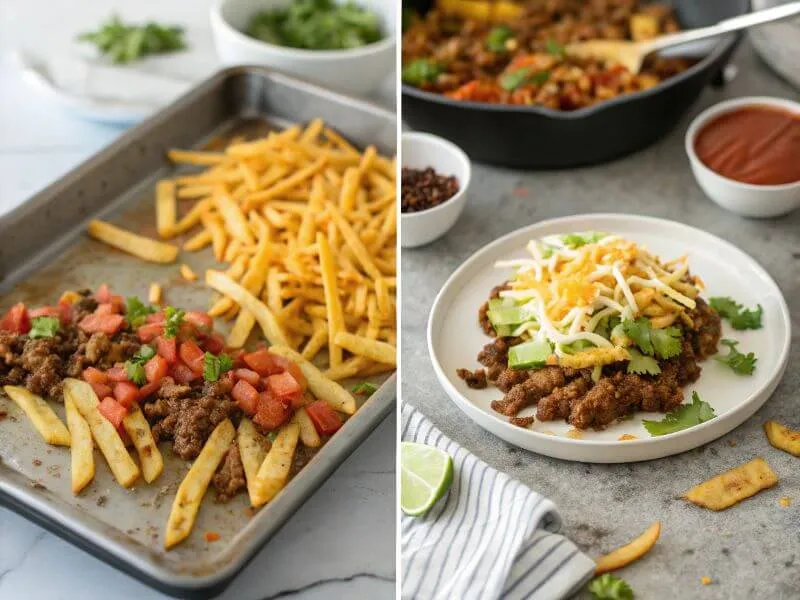 Step-by-step collage showing the preparation of loaded taco fries, from cooking to assembling toppings.