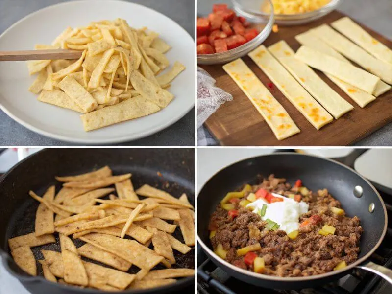 Step-by-step preparation of taco fries with tortillas, from frying to topping assembly.