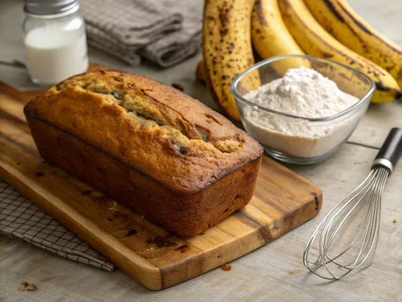 Golden-brown banana bread loaf with overripe bananas and baking tools on a wooden board