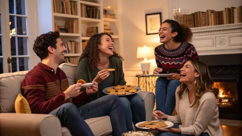 Friends sharing Crumbl Cookies from a pink box in a cozy setting