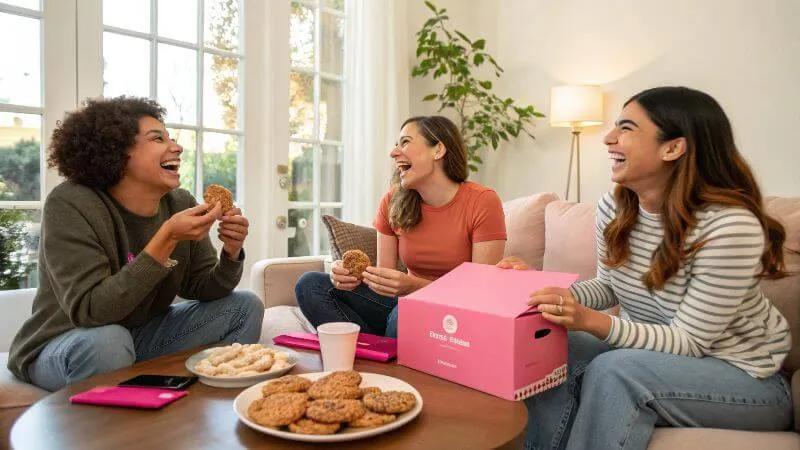 Friends sharing Crumbl Cookies in a cozy living room