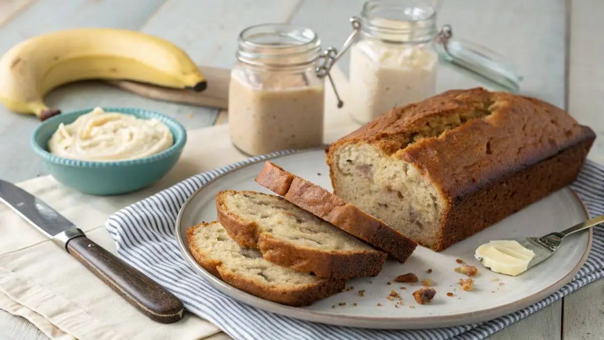 Freshly baked banana bread cooling on a wire rack.