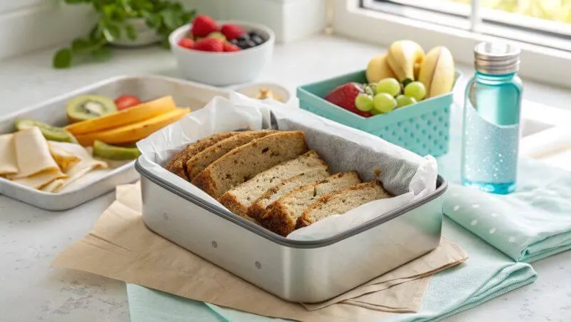 Neatly packed banana bread slices in a lunchbox with fresh fruits and a water bottle