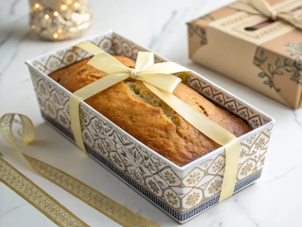 Banana bread wrapped and stored in a decorative box.