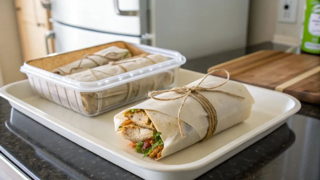 A close-up of a freshly made chicken wrap with grilled chicken, vibrant lettuce, and vegetables, served on a wooden board with a dipping sauce