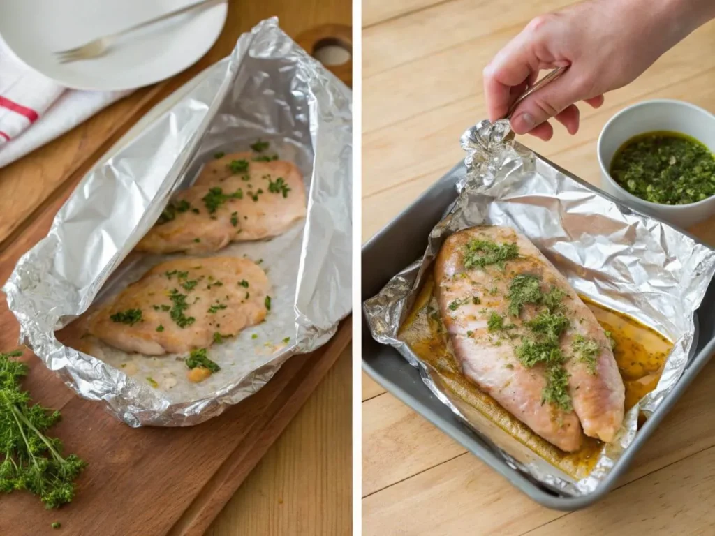 Step-by-step images of marinating and wrapping chicken in foil on a wooden counter