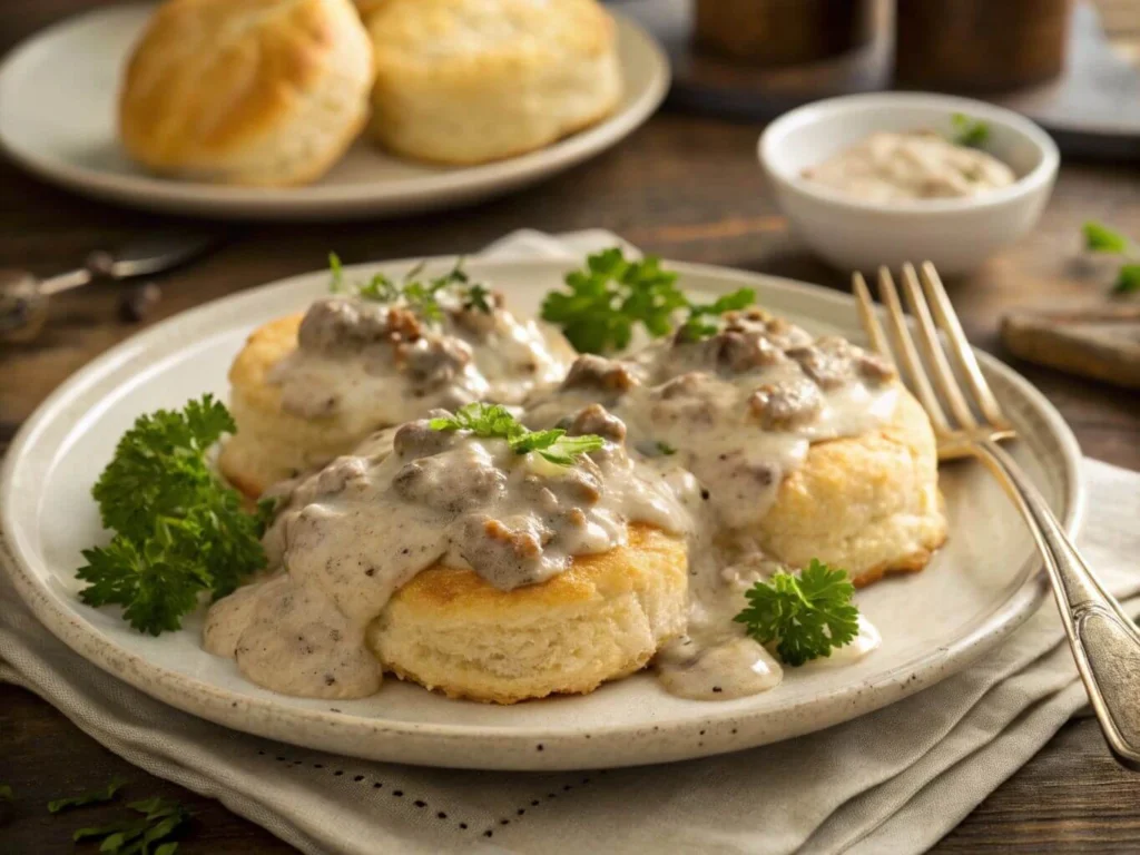 Fluffy biscuits topped with sausage gravy made from enhanced canned white gravy.