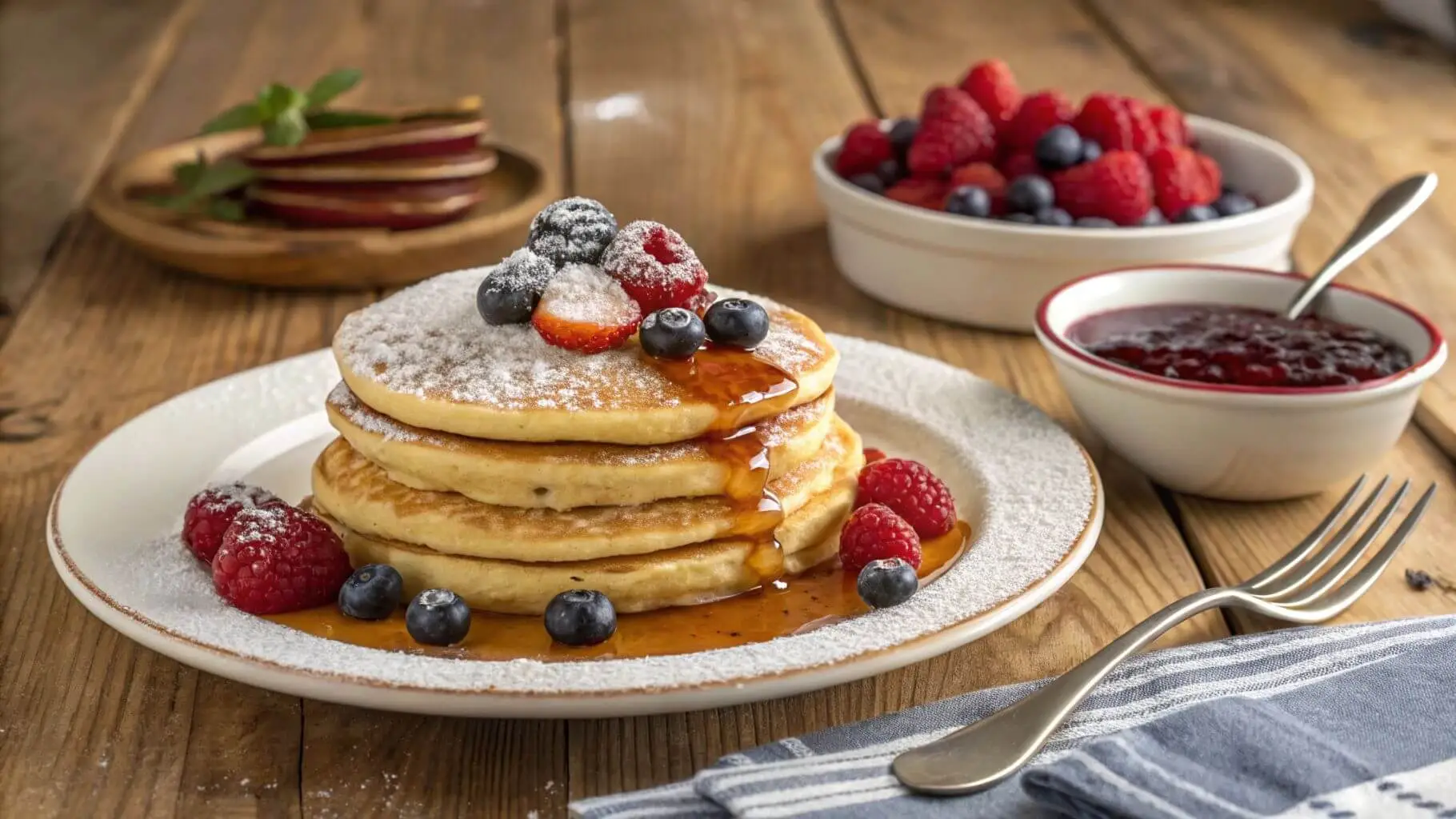 Classic scrambled pancakes garnished with powdered sugar, fresh berries, and maple syrup