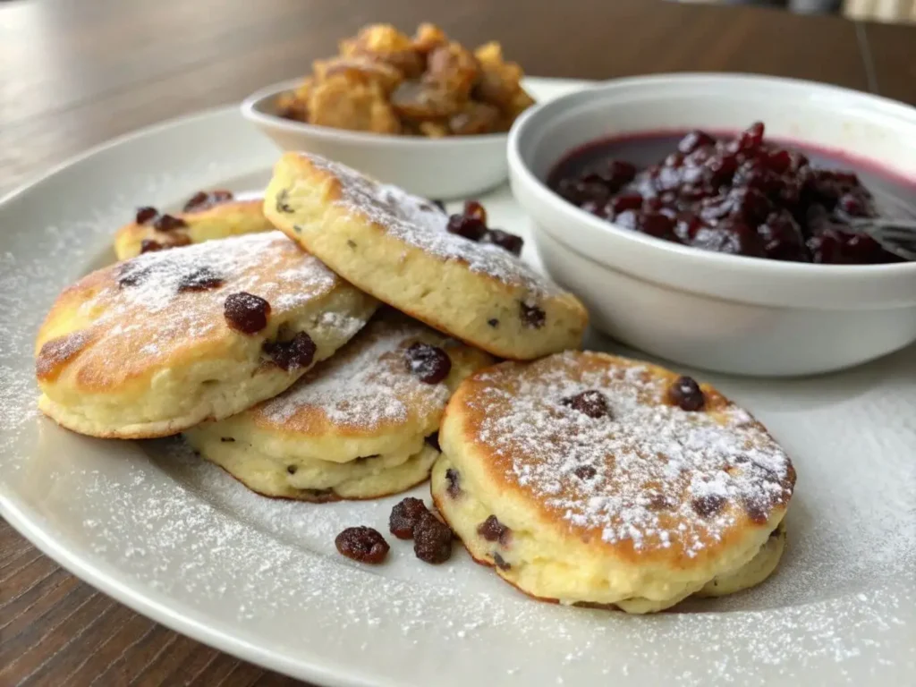 Austrian-style scrambled pancakes (Kaiserschmarrn) with raisins and plum compote