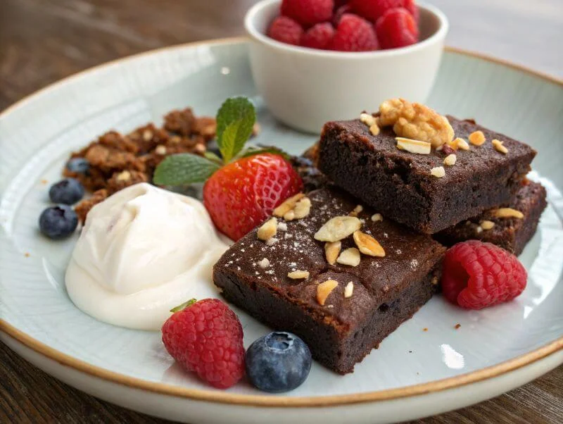 Protein brownies served with berries and yogurt.