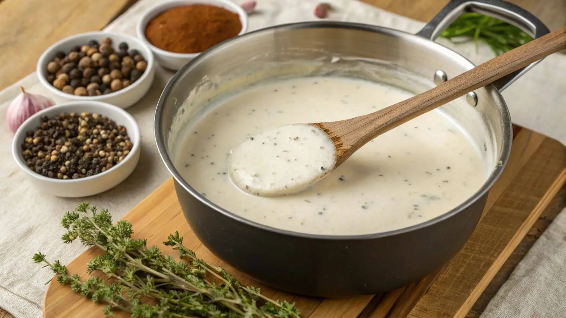 A saucepan of canned white gravy being enhanced with fresh herbs and spices.