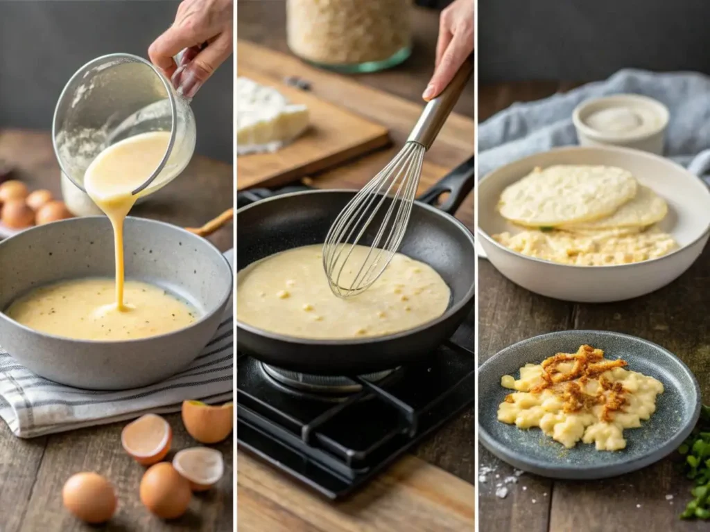 Step-by-step process of preparing scrambled pancakes in a skillet.