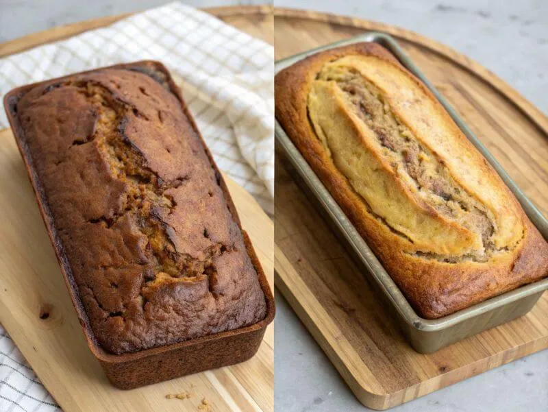 Side-by-side comparison of an underbaked banana bread loaf and a perfectly baked one on a wooden board.