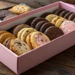 Crumbl Cookies in their iconic pink box on a rustic table