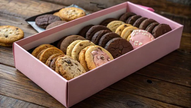 Crumbl Cookies in their iconic pink box on a rustic table