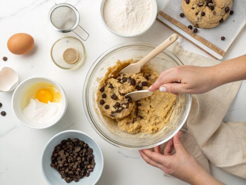 Mixing cookie dough with chocolate chips in a bowl