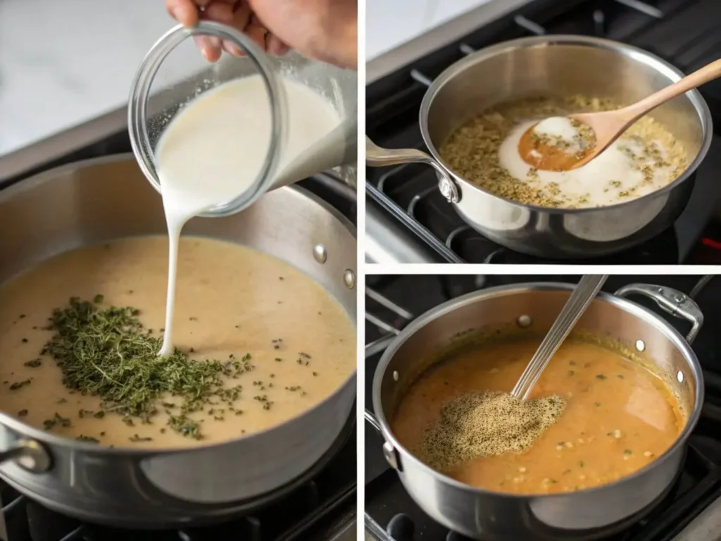 Step-by-step process of enhancing canned white gravy with milk, herbs, and spices.