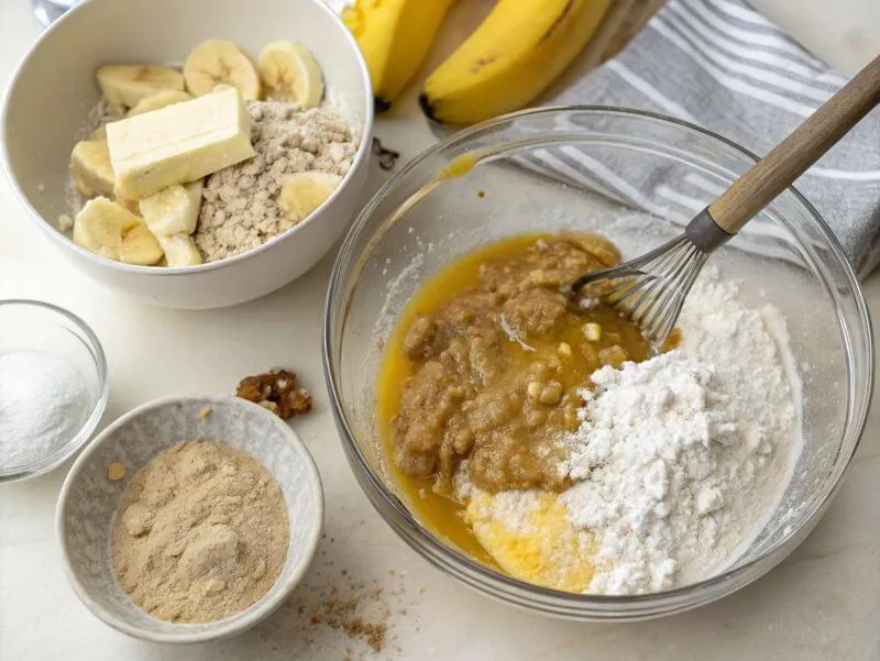 Banana bread batter preparation with wet and dry ingredients in separate bowls, ready to be combined