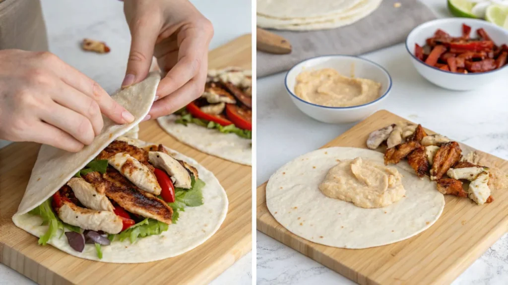 Step-by-step visual of assembling a chicken wrap: spreading hummus, layering grilled chicken and vegetables, and rolling it tightly on a wooden board