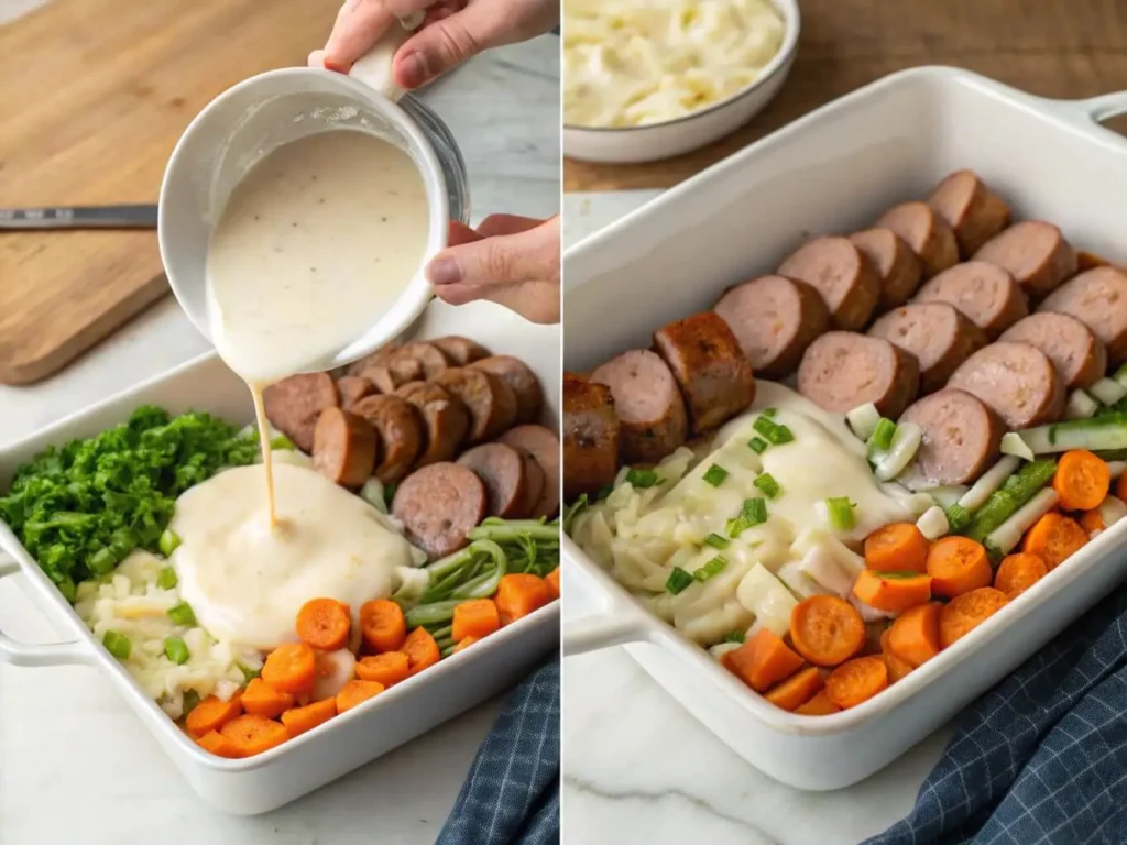 Step-by-step preparation of a casserole with sausage, vegetables, and white gravy