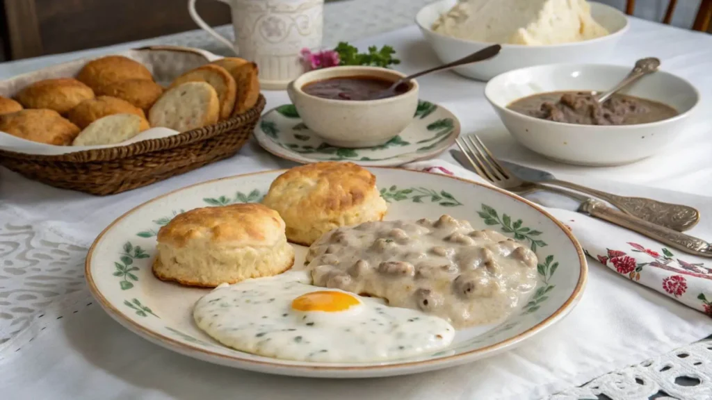 Southern breakfast featuring sausage gravy, biscuits, and eggs.