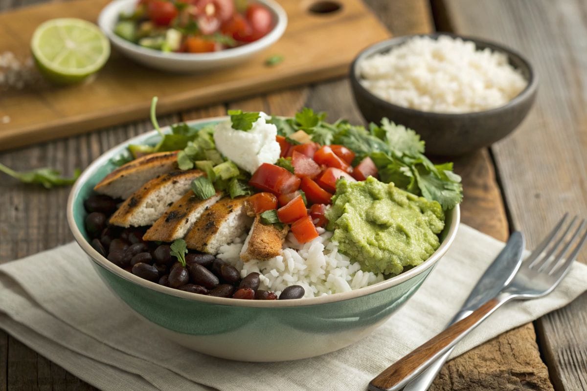Burrito bowl with cilantro-lime rice, chicken, beans, and fresh toppings.