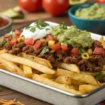 Loaded taco fries with seasoned beef, cheese, and fresh toppings in a rustic tray