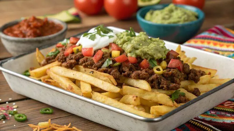 Loaded taco fries with seasoned beef, cheese, and fresh toppings in a rustic tray