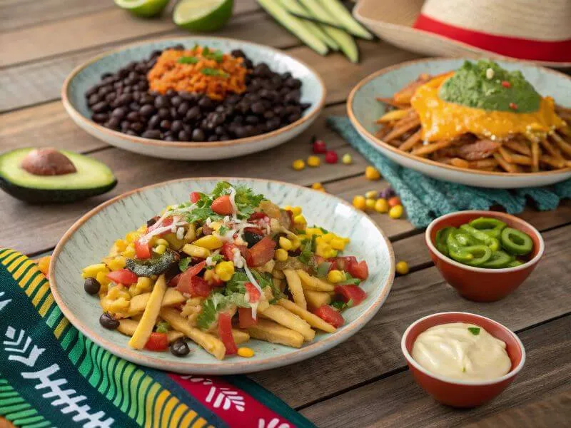 Regional variations of loaded taco salad fries with different toppings.