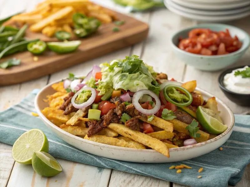 A social media-ready platter of loaded taco salad fries with colorful toppings.