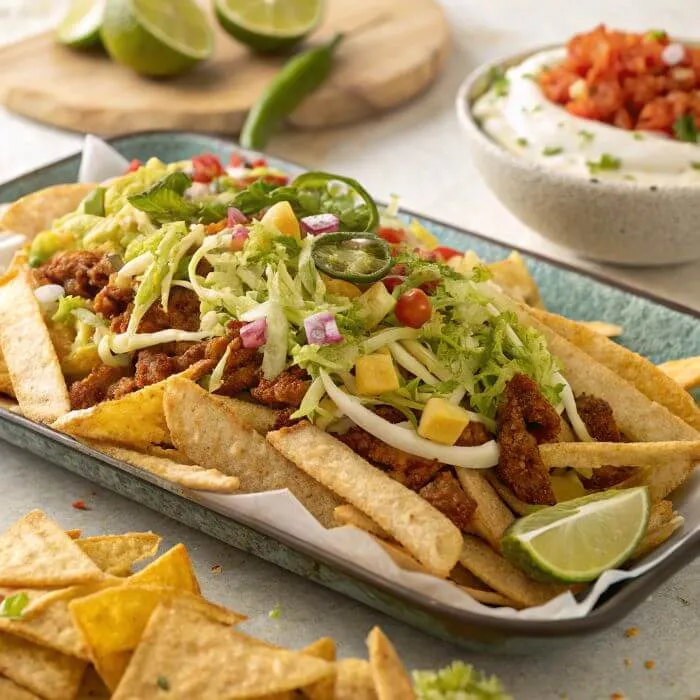 A visually stunning platter of taco fries with tortillas topped with colorful, fresh ingredients.