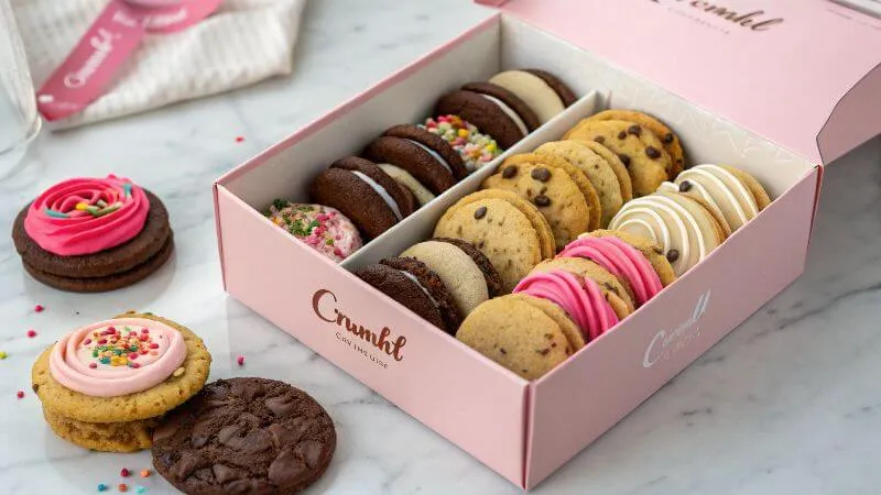 A pink Crumbl box filled with colorful cookies on a marble surface.