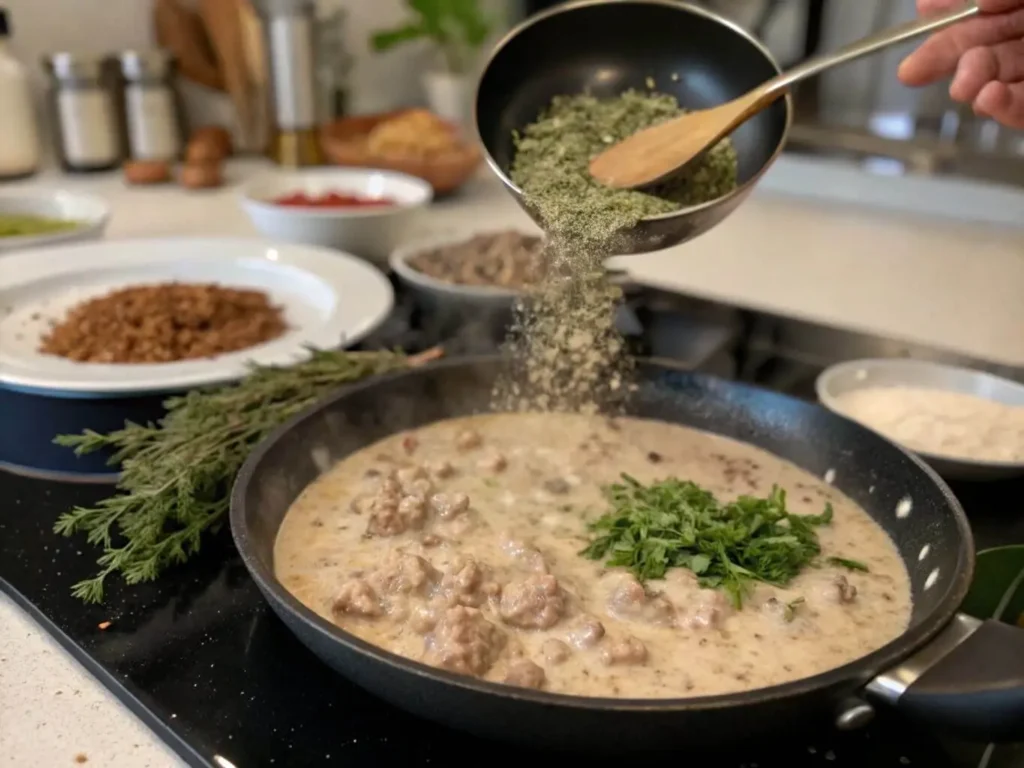 Adding fresh herbs to canned sausage gravy in a skillet.