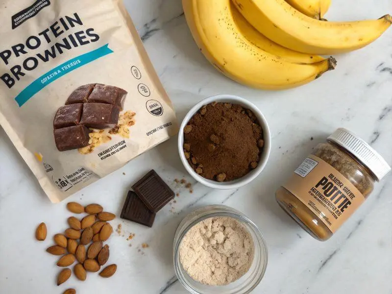 Ingredients for making protein brownies laid out on a countertop