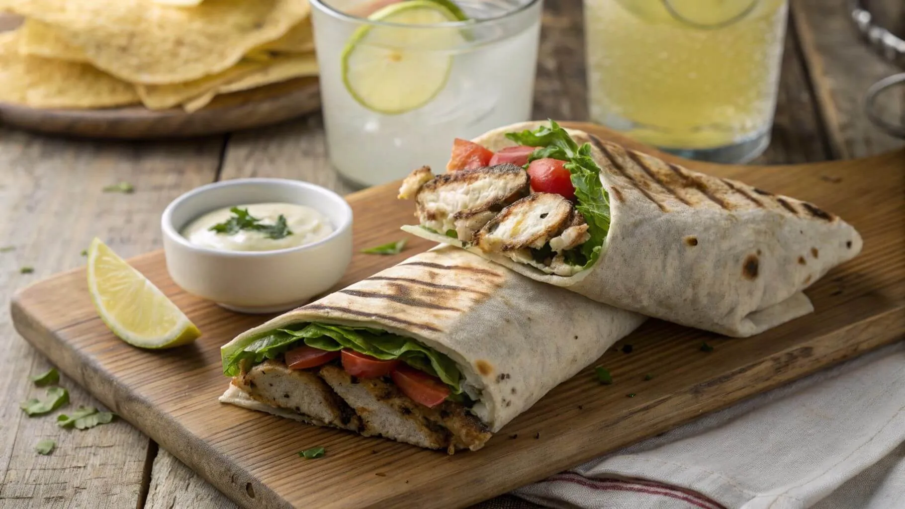 Close-up of a freshly prepared grilled chicken wrap served on a wooden board with a creamy dipping sauce and lime wedge