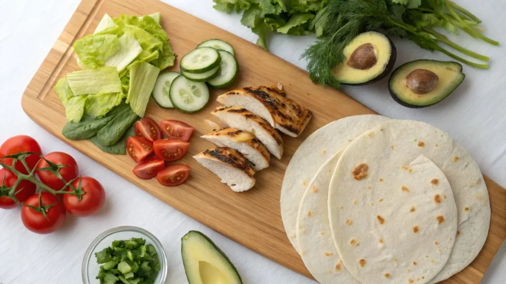 "A flat lay of ingredients for a grilled chicken wrap, including marinated chicken, lettuce, cucumbers, tomatoes, and tortillas