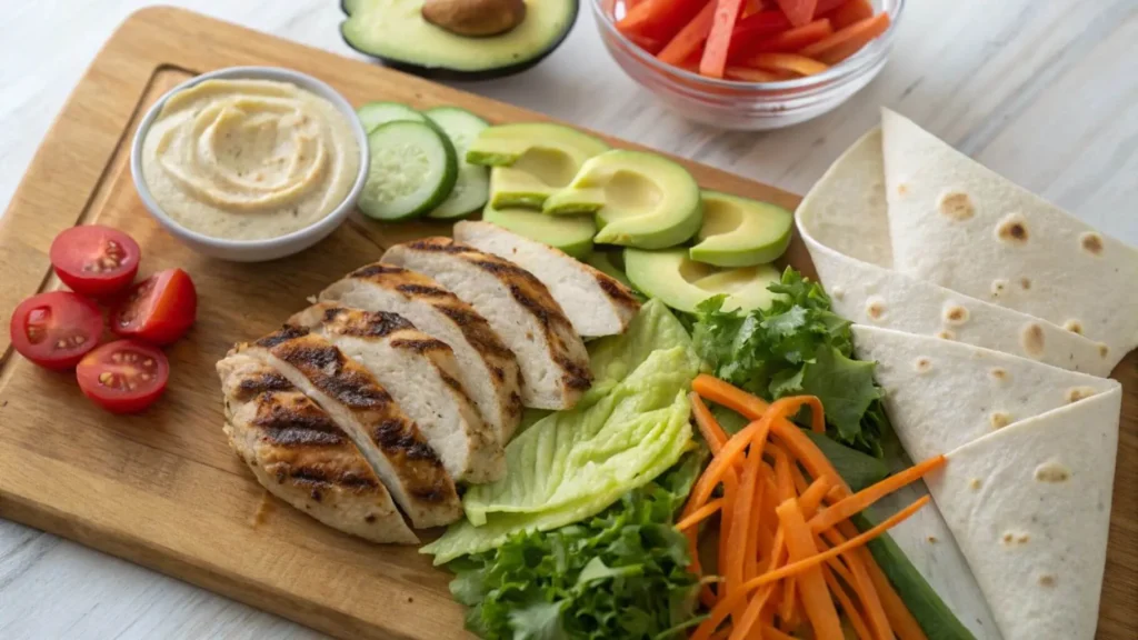 Grilled chicken wrap paired with sweet potato fries and a side of zesty tomato dipping sauce on a white plate