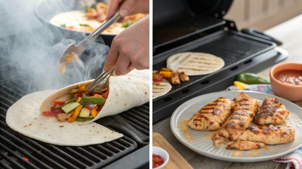 Step-by-step visuals of grilling chicken and assembling wraps with fresh vegetables on a grill.