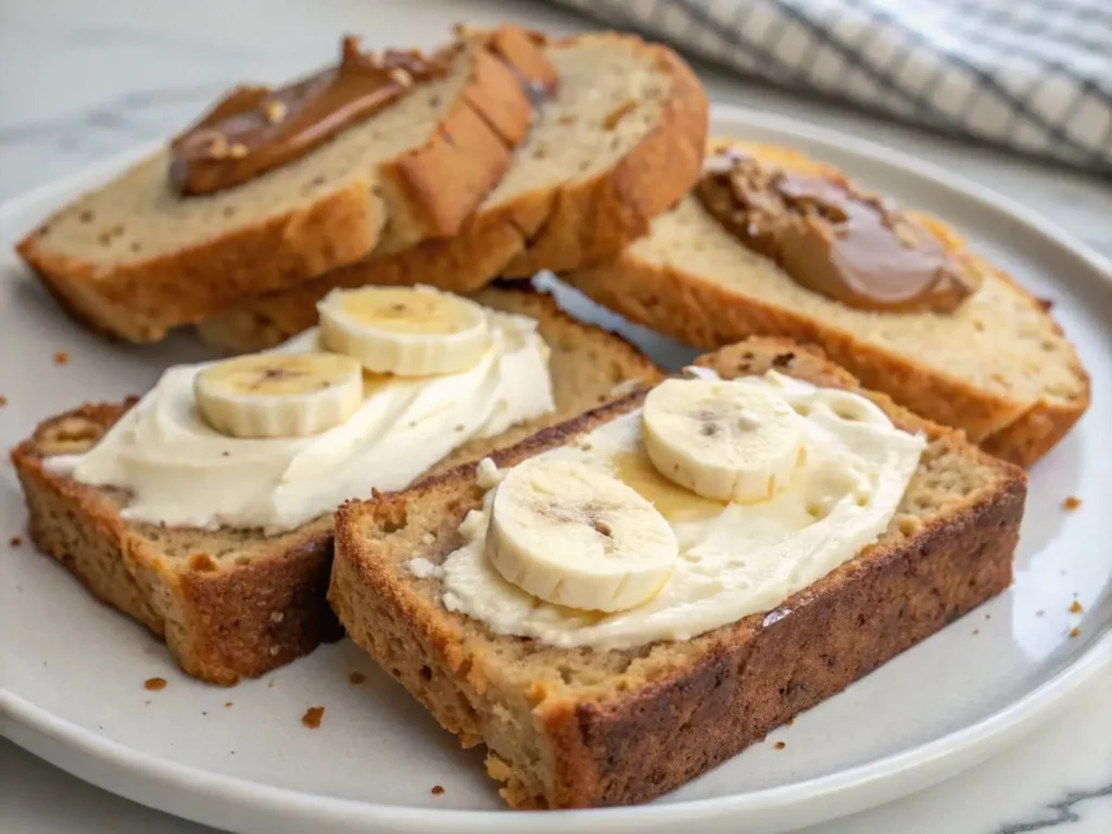 Slices of banana bread with various spreads.