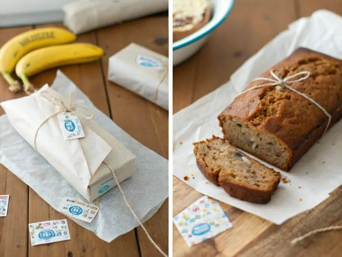 Step-by-step guide to wrapping banana bread slices with parchment paper and string