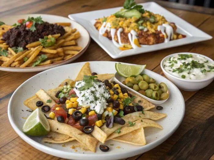 Three variations of taco fries with tortillas: Southwest, Mexican, and Mediterranean styles.